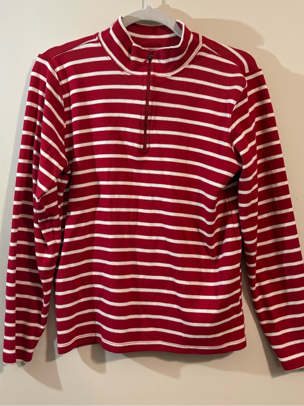 L.L.Bean 3/4 zip sweater high neck women’s large red white striped pullover
